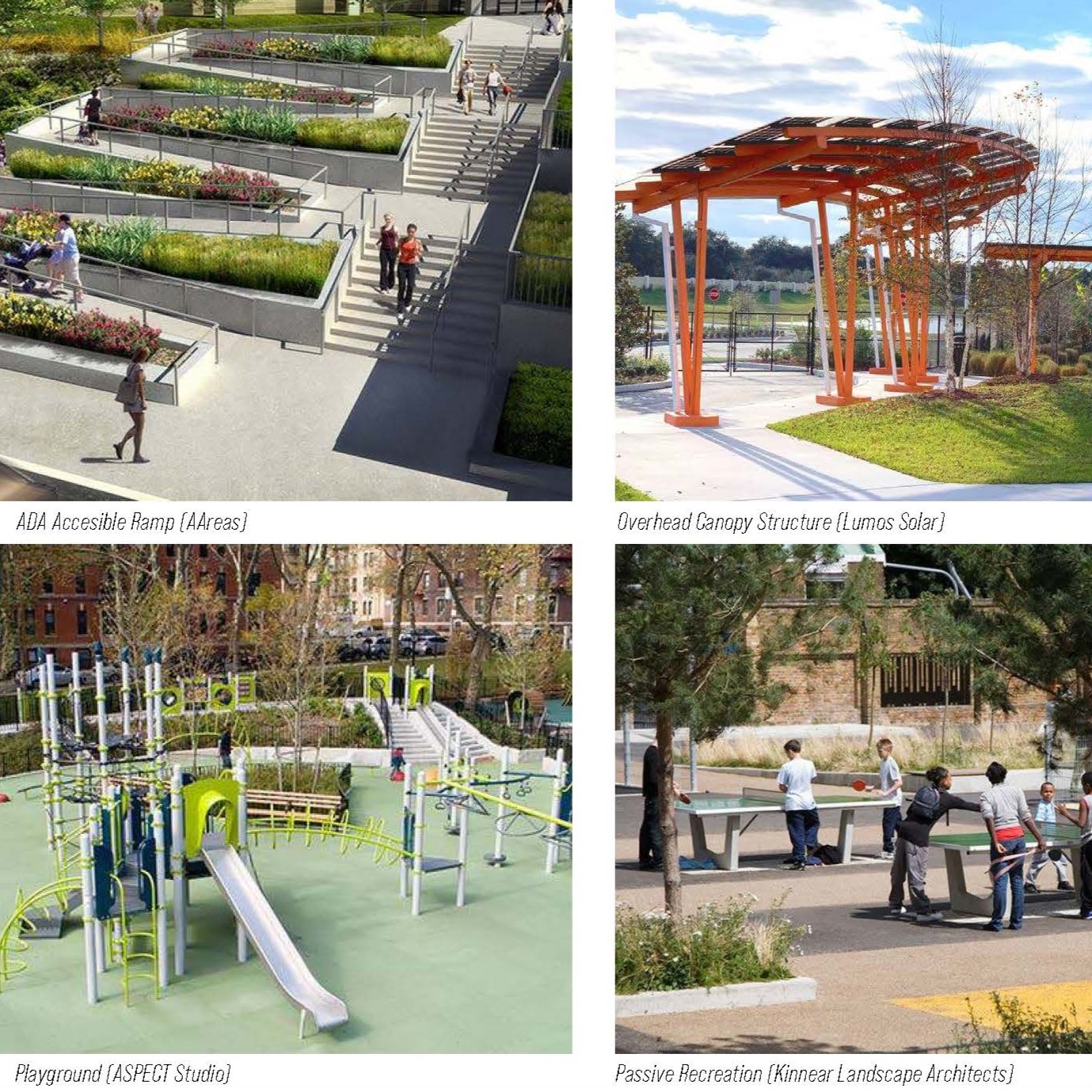 4 photos: accessible ramp with gardens, overhead canopy, playground, ping pong tables